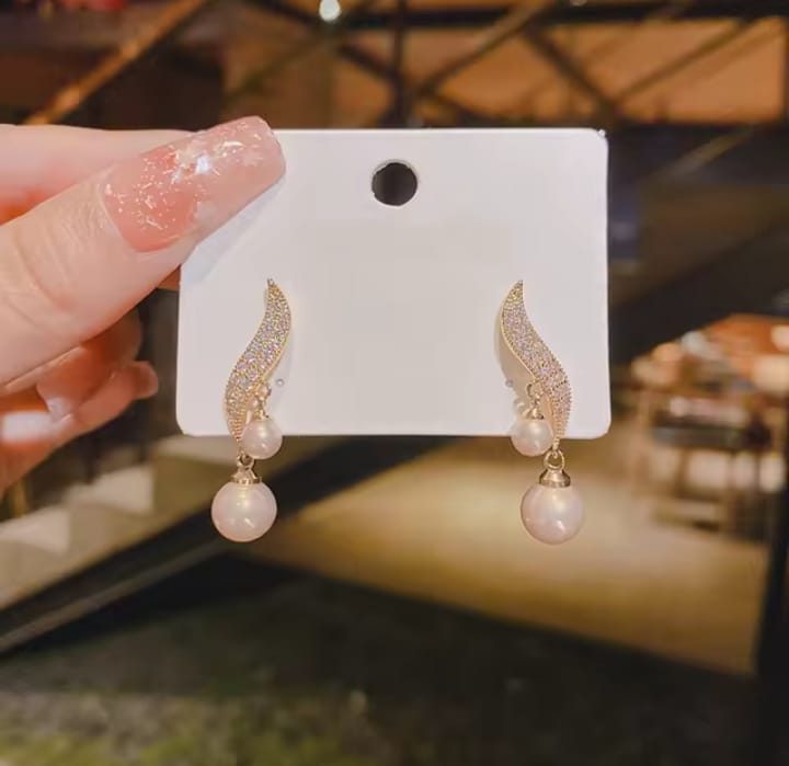Crystal Leaf Drop Elegant Pearl Korean Earring - Golden & Silver Colour Earrings