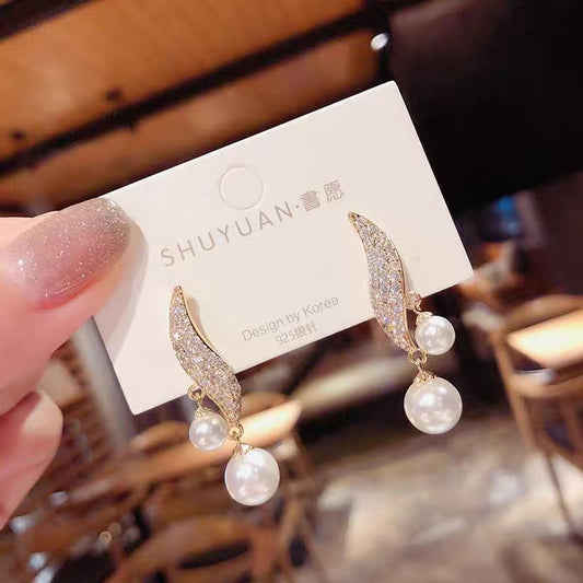 Crystal Leaf Drop Elegant Pearl Korean Earring - Golden & Silver Colour Earrings