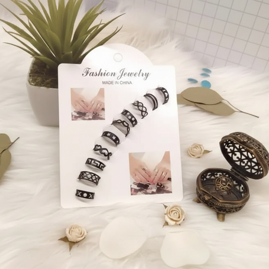 10 Pcs Adjustable Alloy Rings Set for Women & Girls – Stackable Fashion Jewelry Collection