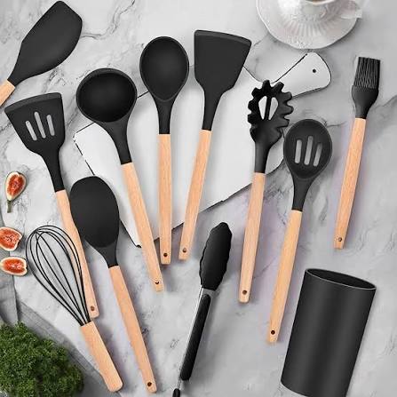 12-Piece Silicone Kitchen Utensil Set with Wooden Handles (Random Colour)