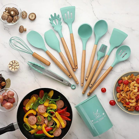 12-Piece Silicone Kitchen Utensil Set with Wooden Handles (Random Colour)