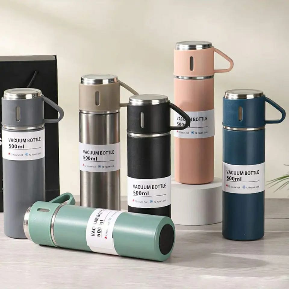STAINLESS STEEL VACUUM FLASK SET | 500ML WITH 2CUPS (Random Colour)