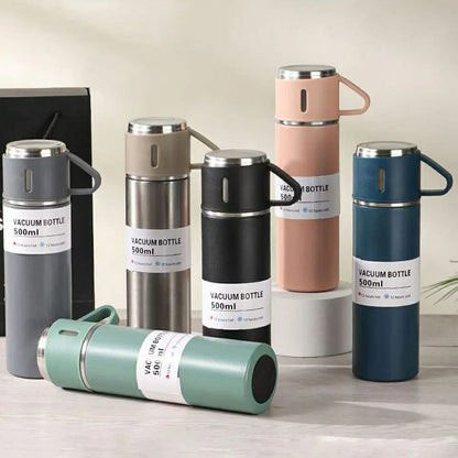 STAINLESS STEEL VACUUM FLASK SET | 500ML WITH 2CUPS (Random Colour)