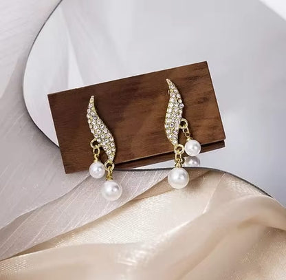 Crystal Leaf Drop Elegant Pearl Korean Earring - Golden & Silver Colour Earrings