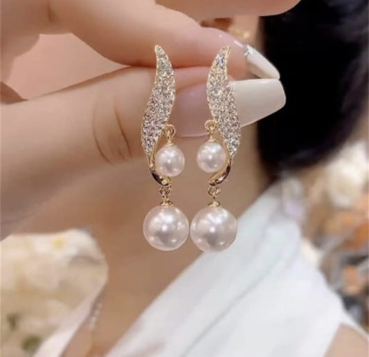 Crystal Leaf Drop Elegant Pearl Korean Earring - Golden & Silver Colour Earrings