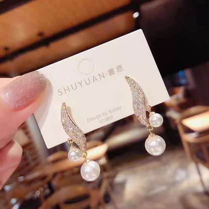 Crystal Leaf Drop Elegant Pearl Korean Earring - Golden & Silver Colour Earrings