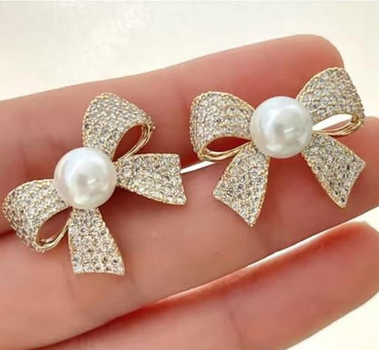 Korean Elegant Bow Style Earrings | Pearl Bow Earrings