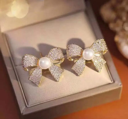 Korean Elegant Bow Style Earrings | Pearl Bow Earrings