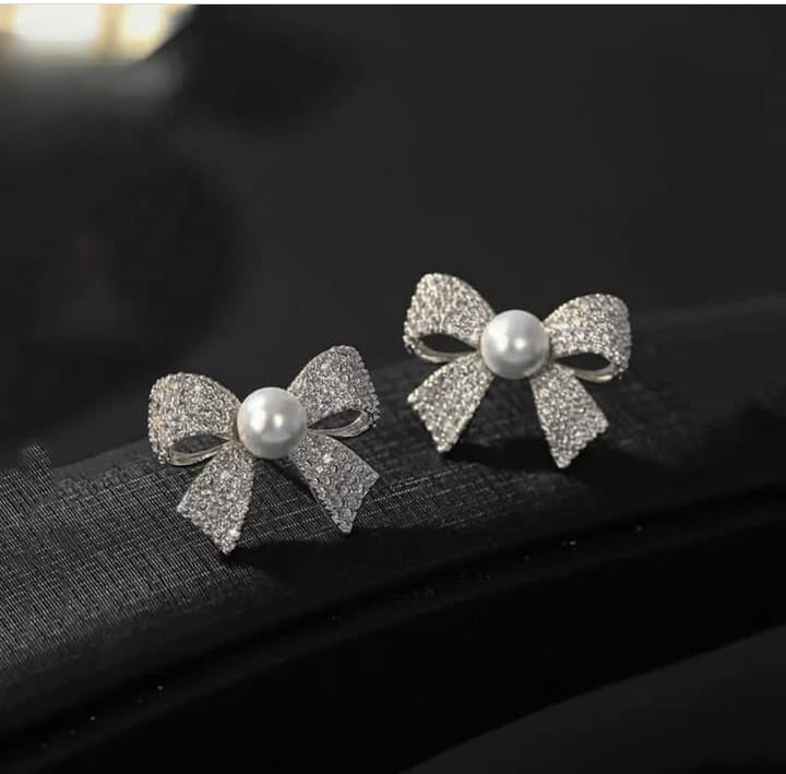 Korean Elegant Bow Style Earrings | Pearl Bow Earrings