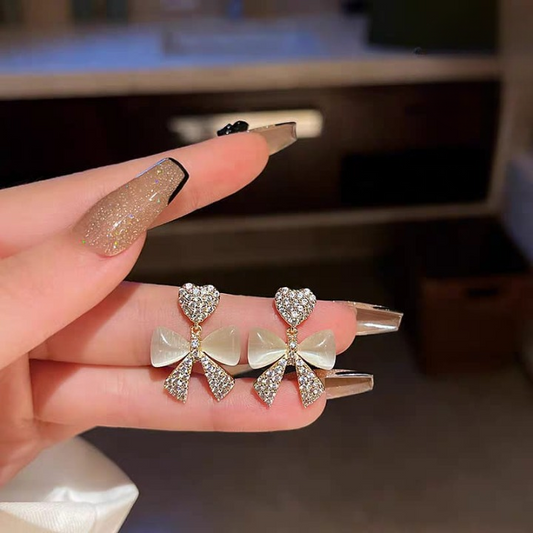 Heart Bow Korean Earrings – Elegant Golden Alloy Earrings (Without Box)