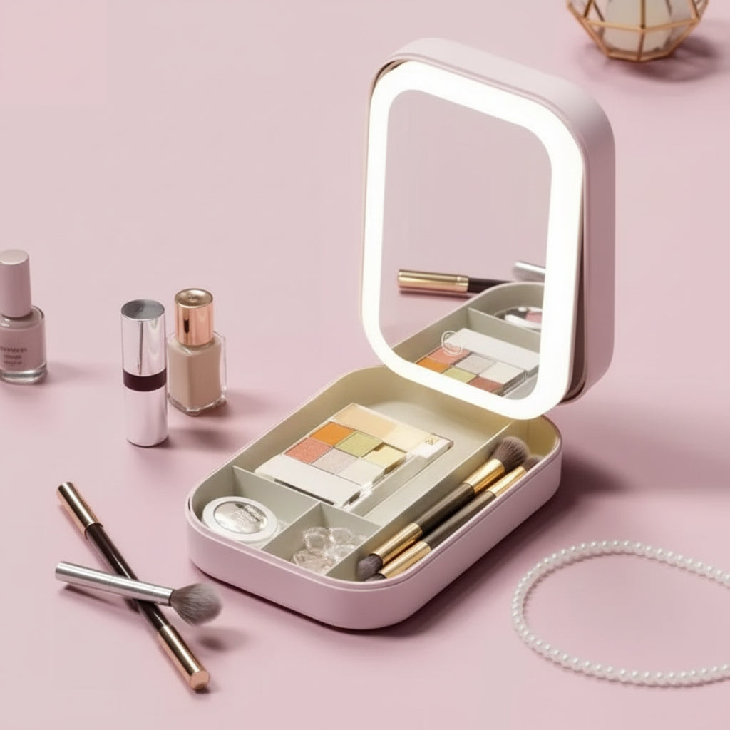 Portable Folding Makeup Mirror Jewellery Box | 3-Color LED Beauty Mirror