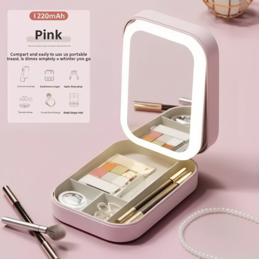 Portable Folding Makeup Mirror Jewellery Box | 3-Color LED Beauty Mirror