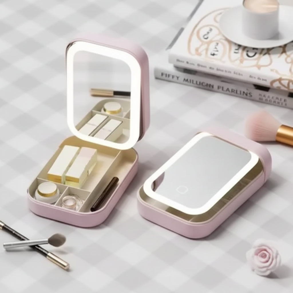 Portable Folding Makeup Mirror Jewellery Box | 3-Color LED Beauty Mirror