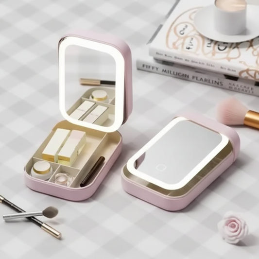 Portable Folding Makeup Mirror Jewellery Box | 3-Color LED Beauty Mirror