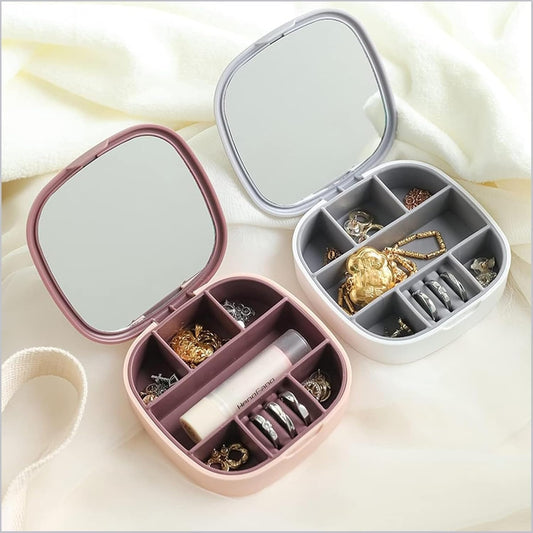 Portable Mini Jewelry Storage Box with Built-In Mirror (Random Colour)