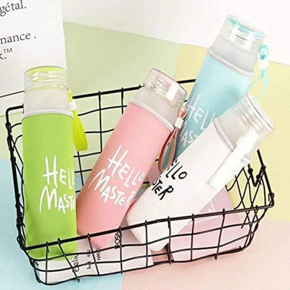 480ml Frosted Glass Water Bottle | Transparent Leak-Proof with Strap (Random Color)