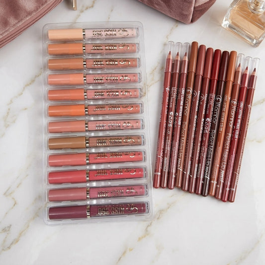 12 Pcs Lip Gloss Set + 12 Pcs Matte Lip Liner Set | Complete Lip Makeup Collection