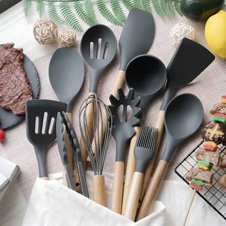 12-Piece Silicone Kitchen Utensil Set with Wooden Handles (Random Colour)