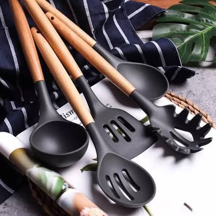 12-Piece Silicone Kitchen Utensil Set with Wooden Handles (Random Colour)