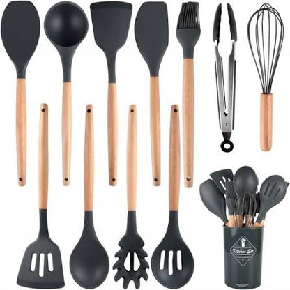 12-Piece Silicone Kitchen Utensil Set with Wooden Handles (Random Colour)