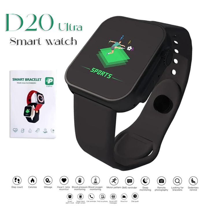 D20 Ultra Fitness Smart Watch – Bluetooth Heart Rate & Blood Pressure Monitor (Black)