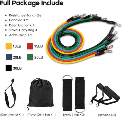 Premium Resistance Band Set  - 11 Piece Elastic Fitness Exercise Tubes With Carrying Pouch
