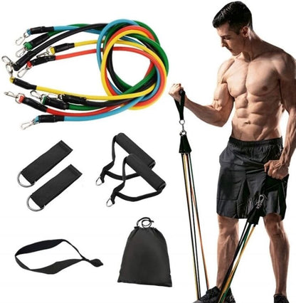 Premium Resistance Band Set  - 11 Piece Elastic Fitness Exercise Tubes With Carrying Pouch