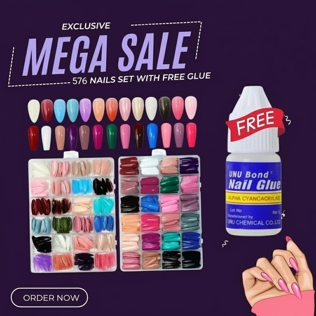 576 Pcs Multicolor Stick-On Artificial Nails | Free Glue Included