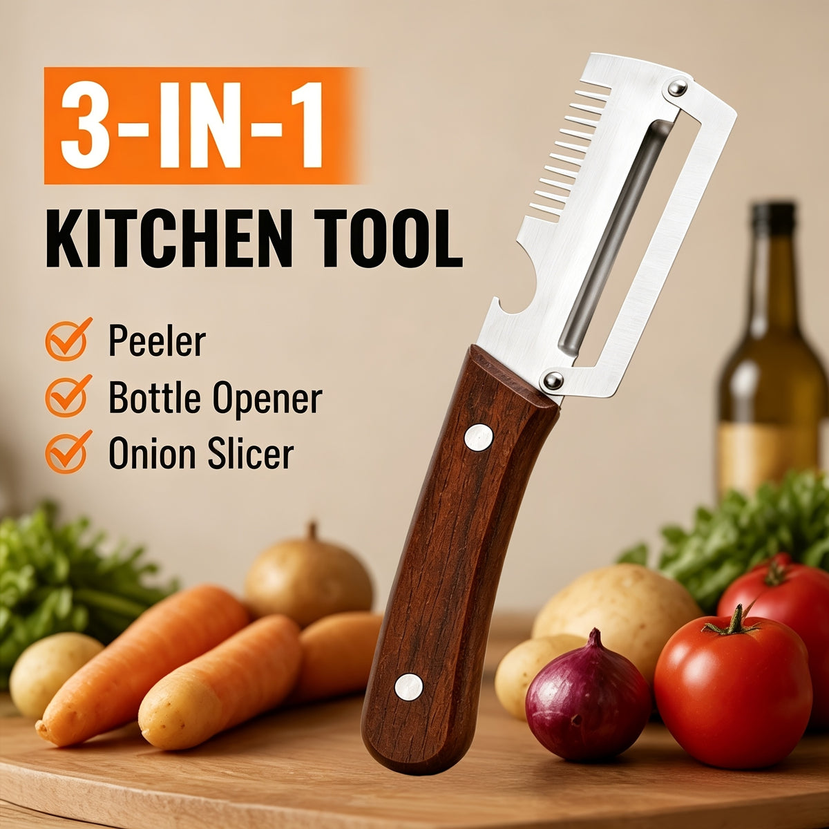 3in1 Stainless Steel Knife | Multifunctional Fruit & Vegetable Peeler With Wooden Handle