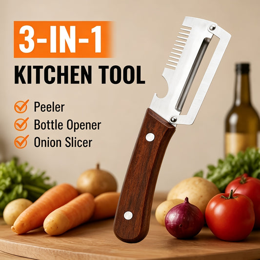3in1 Stainless Steel Knife | Multifunctional Fruit & Vegetable Peeler With Wooden Handle