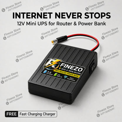 Finezo WiFi Router Power Bank 12000mAh – Mini UPS with 5-6 Hours Backup