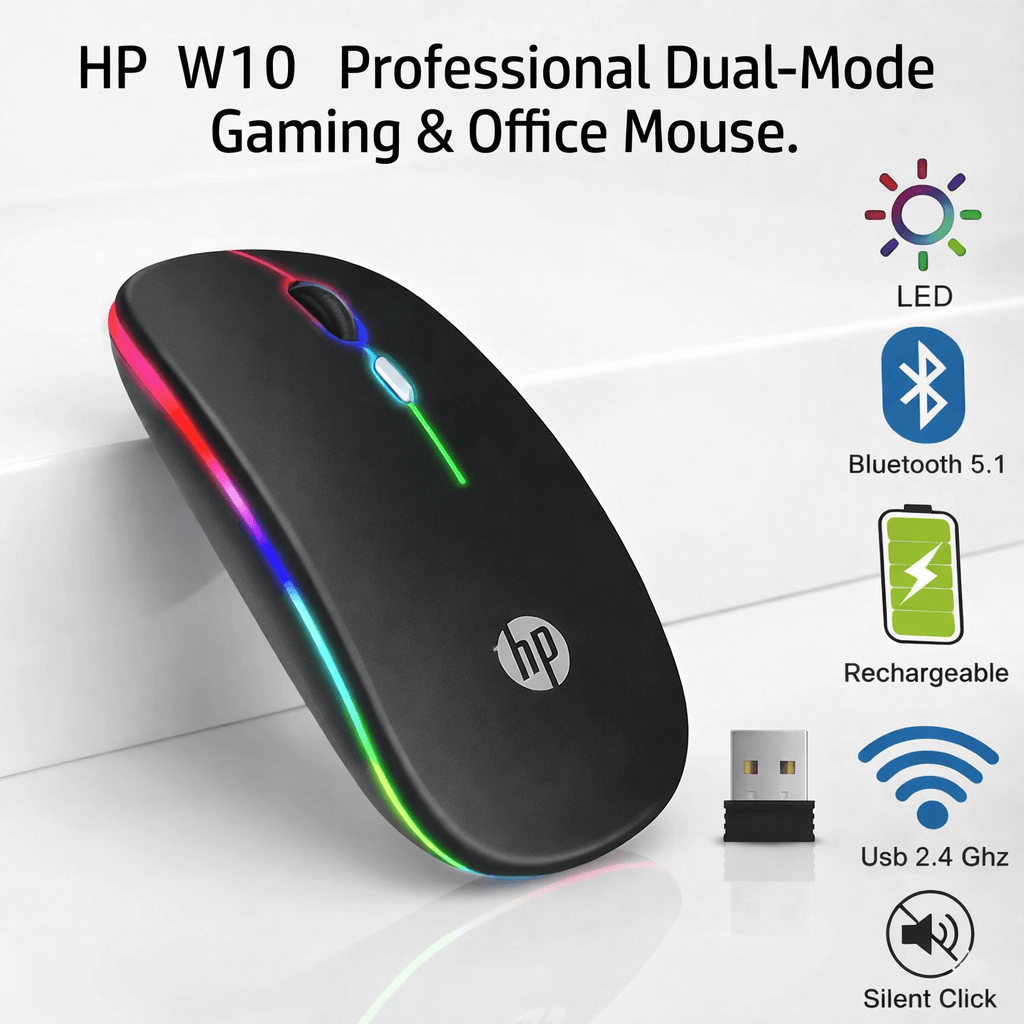 Original HP W10 RGB Rechargeable Dual Mouse | Mode Wireless Mouse