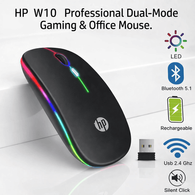 Original HP W10 RGB Rechargeable Dual Mouse | Mode Wireless Mouse
