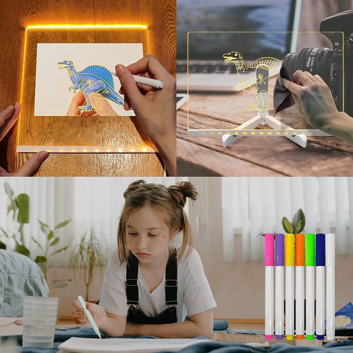 LED Light-up Acrylic Dry Erase Board with Markers | Colorful Neon Pens | 15x15 Cm