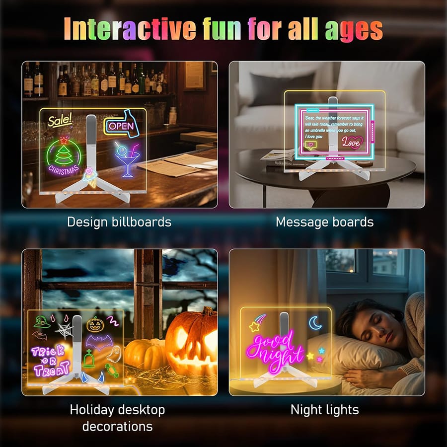LED Light-up Acrylic Dry Erase Board with Markers | Colorful Neon Pens | 15x15 Cm