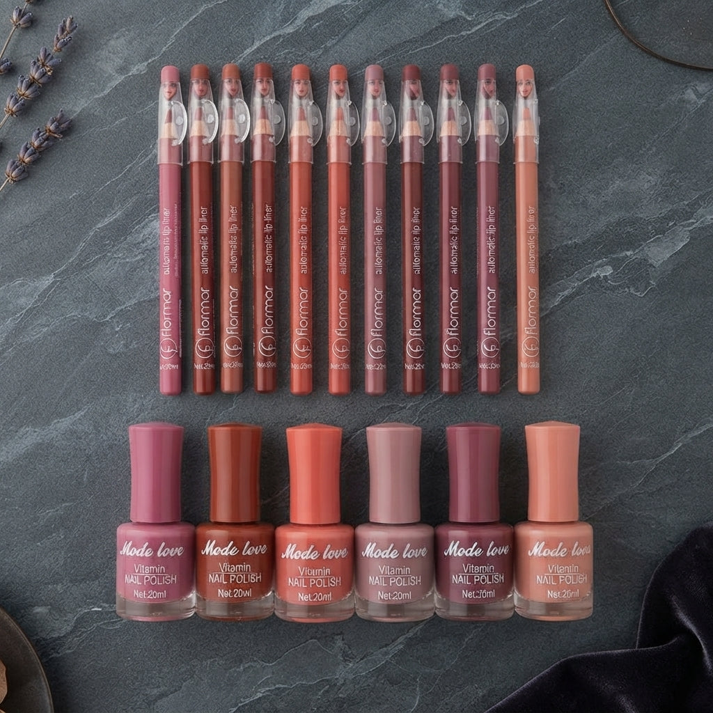 Nails Polish And Lip Pencils Combo Deal | 12 Lip Pencils + 6 Nail Polishes