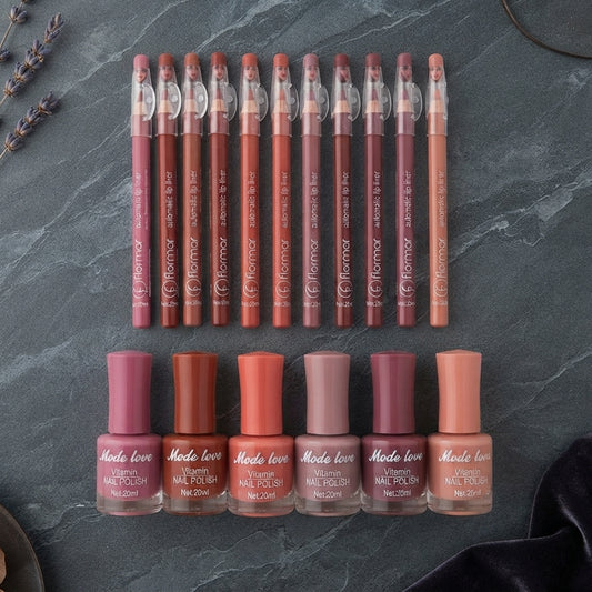 Nails Polish And Lip Pencils Combo Deal | 12 Lip Pencils + 6 Nail Polishes