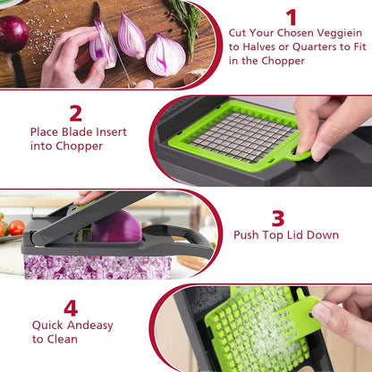 Vegetable Chopper 17 Pcs Set – Manual Onion Chopper, Food Slicer, Dicer, Grater & Potato Cutter with Handle