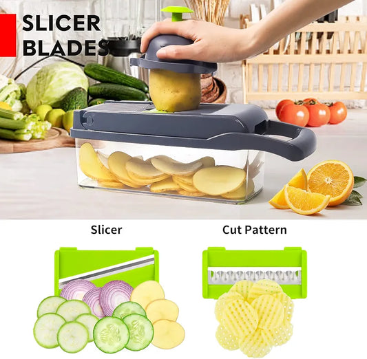Vegetable Chopper 17 Pcs Set – Manual Onion Chopper, Food Slicer, Dicer, Grater & Potato Cutter with Handle