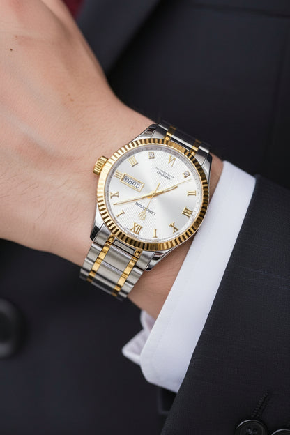 Premium Two-Tone Quartz Watch - Silver & Golden Chain