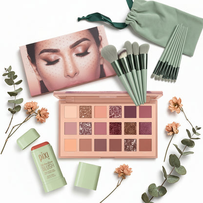 3-in-1 Makeup Combo Set – Blush Stick | 18 Color Eyeshadow Palette | 13 PCS Makeup Brushes Kit