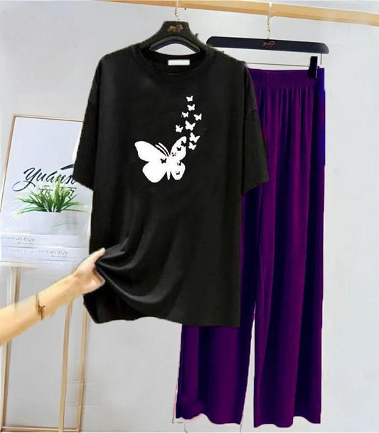 Black Cotton Night Suit with Butterfly Print