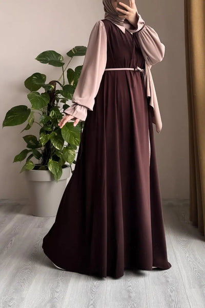 Collar Abaya with Belt and Matching Stroller | Original Wool Peach Fabric | Front Open Stylish