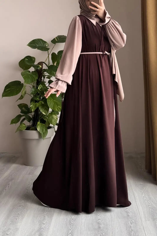 Collar Abaya with Belt and Matching Stroller | Original Wool Peach Fabric | Front Open Stylish