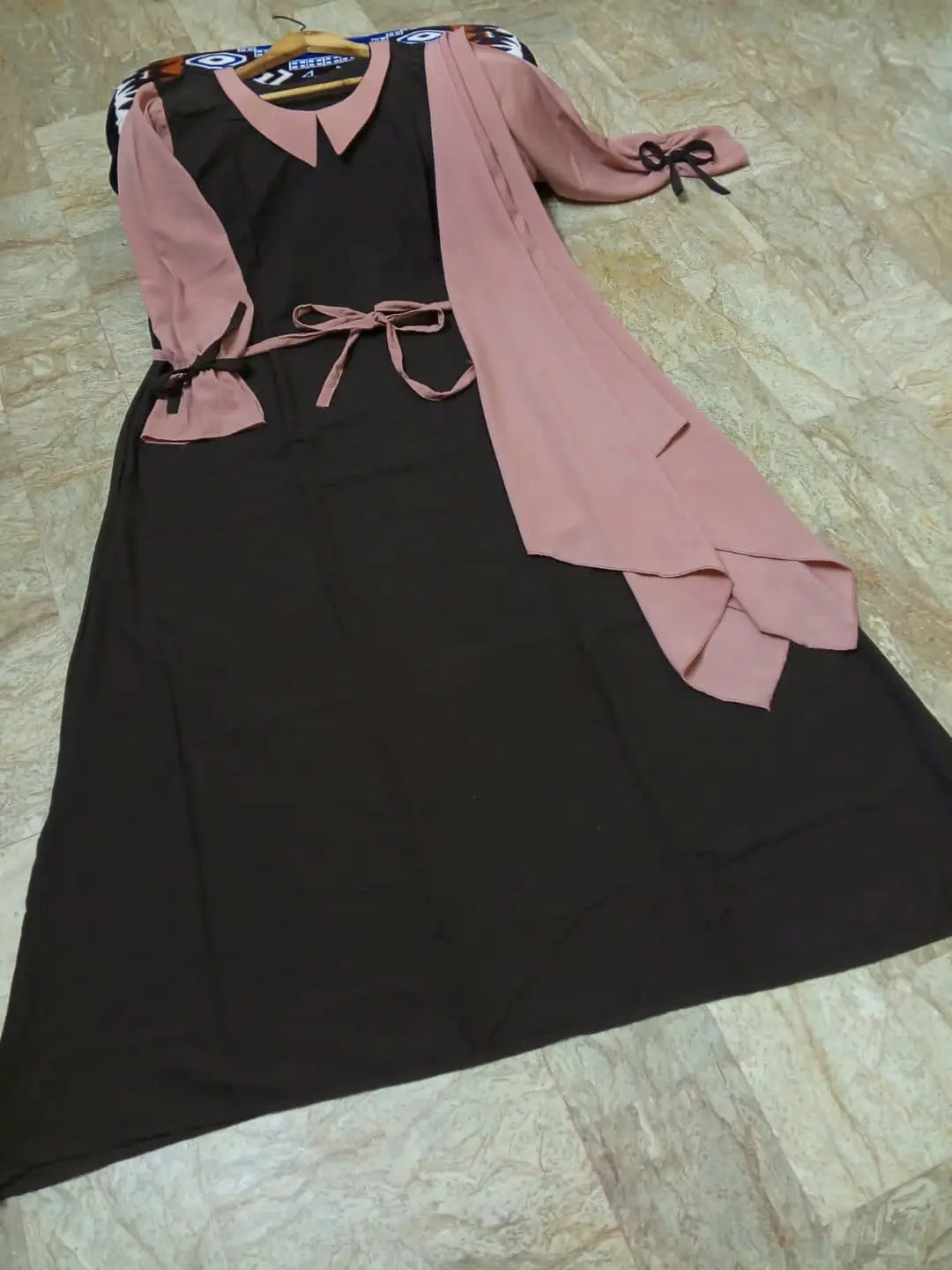 Collar Abaya with Belt and Matching Stroller | Original Wool Peach Fabric | Front Open Stylish