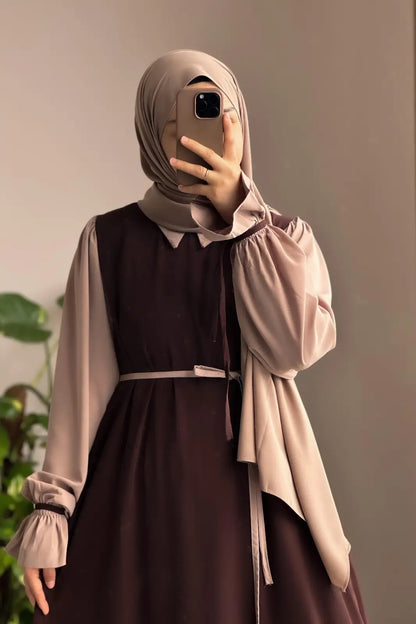 Collar Abaya with Belt and Matching Stroller | Original Wool Peach Fabric | Front Open Stylish