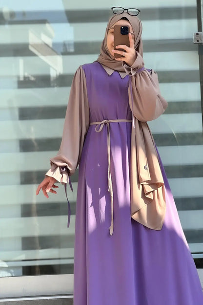 Collar Abaya with Belt and Matching Stroller | Original Wool Peach Fabric | Front Open Stylish