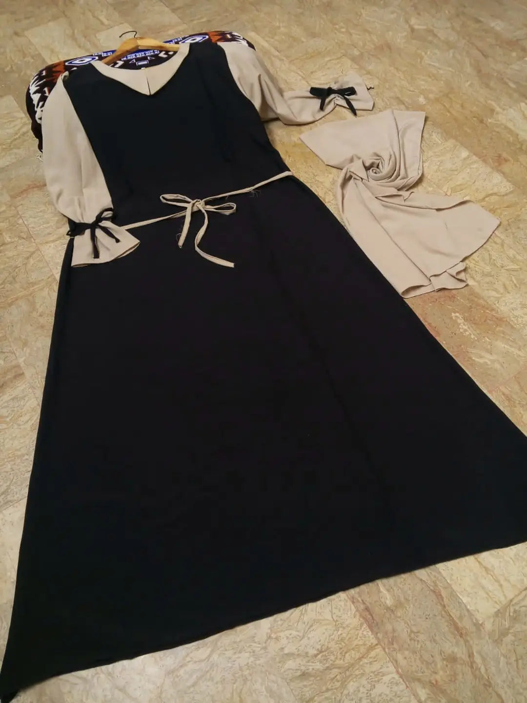 Collar Abaya with Belt and Matching Stroller | Original Wool Peach Fabric | Front Open Stylish