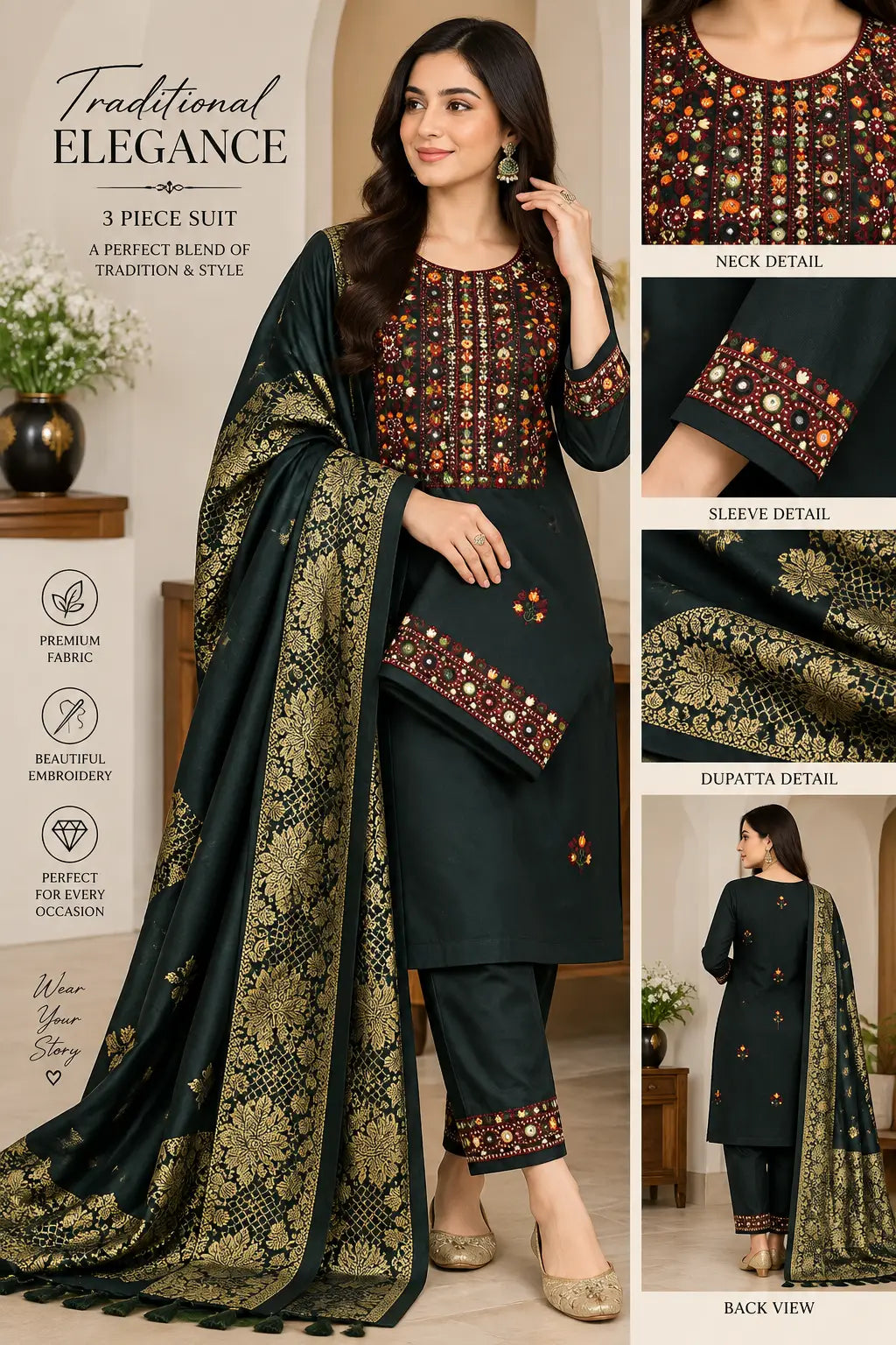 3 Pcs Women's Unstitched Embroidered Suit