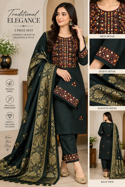 3 Pcs Women's Unstitched Embroidered Suit